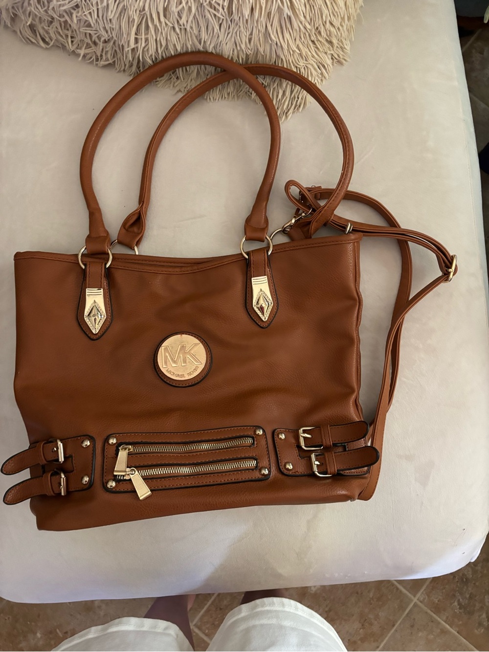 Michael Kors Cognac Brown Leather Satchel with Gold Accents